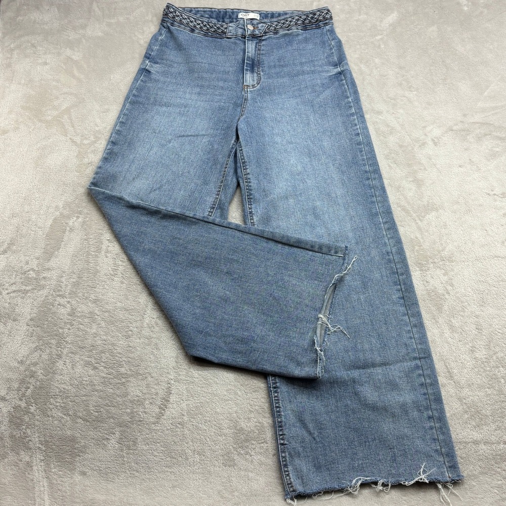 OAT New York Wide Leg Jeans Women's 12/31 Blue Braided Waist Raw Hem Boho Denim